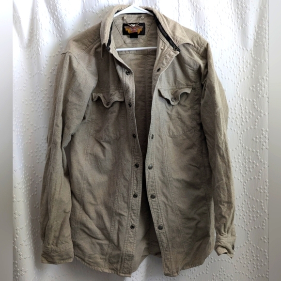 Harley Davidson Tan 100% Cotton Fleece Metal Snap Button Down Medium Tall Beige - Picture 7 of 8